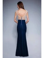 Dámské společenské šaty SOKY SOKA s perličkami a krajkou dlouhé tmavě modré - Tmavě modrá / XL - SOKY&SOKA