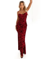 645-2 Přiléhavé maxi šaty s obálkovým výstřihem a rozparkem - vínové s elegantním vzorem