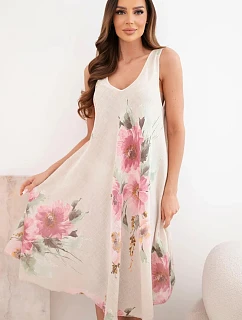 Dámské bavlněné oversize šaty s výstřihem do V a květinovým potiskem béžová