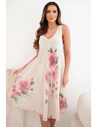 Dámské bavlněné oversize šaty s výstřihem do V a květinovým potiskem béžová