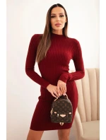 Dámská viskózová pruhovaná šaty s dlouhým rukávem a límečkem bordó
