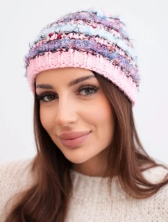 Dámská zimní čepice s barevným přízí a elastickým stahováním K352 jasně růžová+fialová+modrá