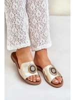 Kožené sandály s ozdobou na plochém podpatku Zazoo 3047/O zlaté