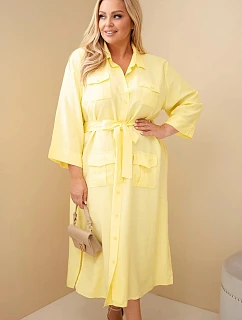 Dámské bavlněné košilové šaty Plus Size s páskem žlutá