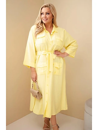 Dámské bavlněné košilové šaty Plus Size s páskem žlutá