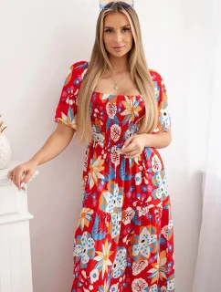 Viskózové šaty s volánkovým výstřihem 29475 červené - Kesi