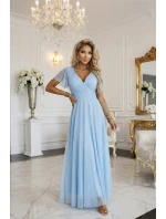 635-6 MELANIA dlouhé třpytivé svatební šaty s výstřihem a krátkými rukávy - modré