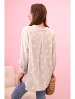 Lněná dámská halenka s květinovým vzorem, dlouhými rukávy a knoflíky béžová + bílá