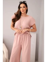 Komplet z wiskozy bluzka plisowana + spodnie tmavě pudrově růžová