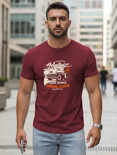 Pánské bavlněné tričko VINTAGE CAR s potiskem FashionStreet maroon NX5082R