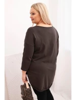Dámská bavlněná blůza Plus Size s výstřihem do V a ohrnutým rukávem hnědá