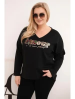 Dámská mikina Plus Size s nápisem a výstřihem do V černá