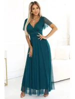 562-4 NASTIA Dlouhé šaty s výstřihem a krátkými rukávy - ZELENÉ