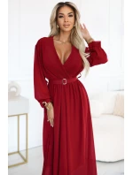 639-1 Elegantní plisované maxi šaty s páskem a obálkovým výstřihem - vínové 639-1 Elegantní plisované maxi šaty s páskem a obálkovým výstřihem - vínové