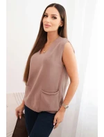 Dámský bezrukávový viskózový svetr s kapsami a V výstřihem fango
