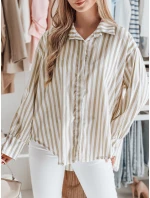 Dámské oversize tričko s prodlouženým zadním dílem SAMONE v béžové barvě s bílými pruhy FashionStreet DY0463 Dámské oversize tričko s prodlouženým zadním dílem SAMONE v béžové barvě s bílými pruhy FashionStreet DY0463