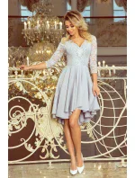 Šedé dámské šaty s krajkovým výstřihem a delším zadním dílem model 7194612