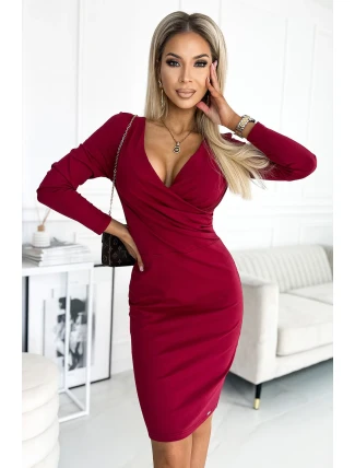 398-2 Elegantní bavlněné šaty s obálkovým výstřihem a dlouhými rukávy - Bordeaux