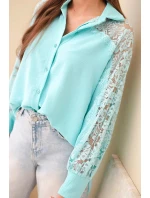 Dámská viskózová košile s krajkovými rukávy a límečkem mintová