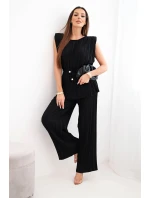 Dámský plisovaný komplet z viskózy s vázanou halenkou a širokými kalhotami černý