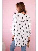 Lněná dámská halenka s květinovým vzorem, dlouhými rukávy a knoflíky Bílá