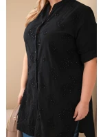 Dámské šaty Plus Size s výšivkou a ohrnutým rukávem černá