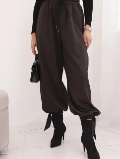 Dámské kalhoty s širokými nohavicemi a zavazováním na spodku hnědé