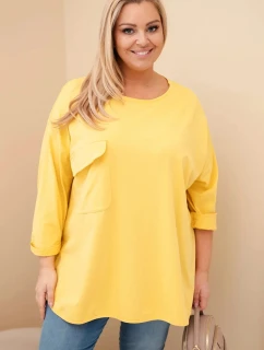 Dámská blůza Plus Size s bavlnou, kapsou a ohrnovacími rukávy žlutá