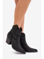 Ozdobené Kožené Botky Na Podpatku S Špičatými Nosky Černé S.Barski HY42-121