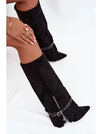 Dámské wsuwané kozačky nad koleno na sloupkovém podpatku s ozdobným páskem Jolivine – černé
