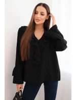 Dámská blůza z viskózy s volány a dlouhým rukávem černá Dámská blůza z viskózy s volány a dlouhým rukávem černá