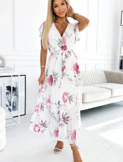 434-6 LISA Plisované midi šaty s výstřihem a volánky - jarní květy na bílém pozadí