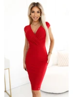 379-5 BOYKA Přiléhavé šaty s obálkovým výstřihem - ČERVENÉ se třpytkami