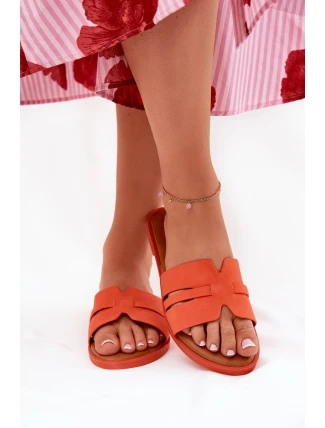 Dámské sandály na plochém podpatku s výřezy eko semišové oranžové Teterre