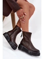 Dámské kotníkové boty Zazoo na platformě z pravé kůže – čokoládové