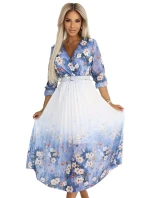 605-1 Ženské vzdušné midi šaty s obálkovým výstřihem a záhyby - modré s polními květy