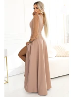 640-4 LORETTA jedinečné dlouhé šaty s tylovými rukávy a výstřihem - béžové
