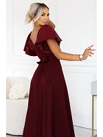 694-3 MIRELLA Elegantní maxi šaty s rozšiřujícími se sukněmi a flitrovými rukávy – vínová 694-3 MIRELLA Elegantní maxi šaty s rozšiřujícími se sukněmi a flitrovými rukávy – vínová