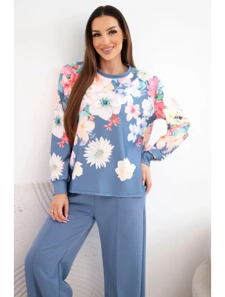 Dámský máslový viskózový komplet s květinovým vzorem a širokými nohavicemi jeansový