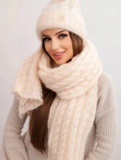 Dámská souprava čepice a šály s pruhy s ozdobou ecru
