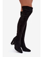 Dámské kozačky z eko-semiše nad kolena na sloupku – černé Thamine