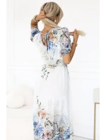 613-1 CELINA Vzdušné maxi šaty s obálkovým výstřihem, páskem a květinovým ombre - MODRÉ