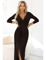 404-14 Elegantní dlouhé šaty s obálkovým výstřihem a rozparkem - čokoládově hnědé