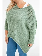 Dámský oversized průsvitný svetr s výstřihem do V a delším zadním dílem khaki