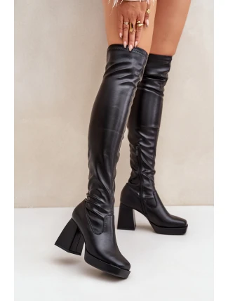 Přiléhavé kozačky nad kolena na podpatku tmavě hnědé Sanniraen