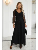 655-1 Dlouhé lehké třpytivé šaty s výstřihem a průhlednými rukávy - černé 655-1 Dlouhé lehké třpytivé šaty s výstřihem a průhlednými rukávy - černé