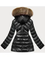 Černo-béžová lesklá zimní bunda s mechovitou kožešinovou podšívkou (w674) Černo-béžová lesklá zimní bunda s mechovitou kožešinovou podšívkou (w674)