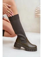 Kozačky s elastickým svrškem na plochém podpatku tmavě zelené Mesidra