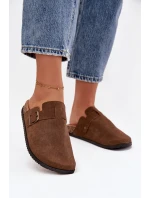 Dámské pantofle a chodaki na platformě s přezkou – hnědé Selio Dámské pantofle a chodaki na platformě s přezkou – hnědé Selio