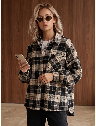 Dámská oversize košile s kostkovaným vzorem, tmavě modrá, FashionStreet TY6048 Dámská oversize košile s kostkovaným vzorem, tmavě modrá, FashionStreet TY6048